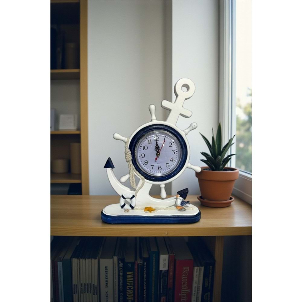 Dekoratif Marin Ahşap Dümen Çapa Masa Saati – Nautical Tarz 33x22 cm
