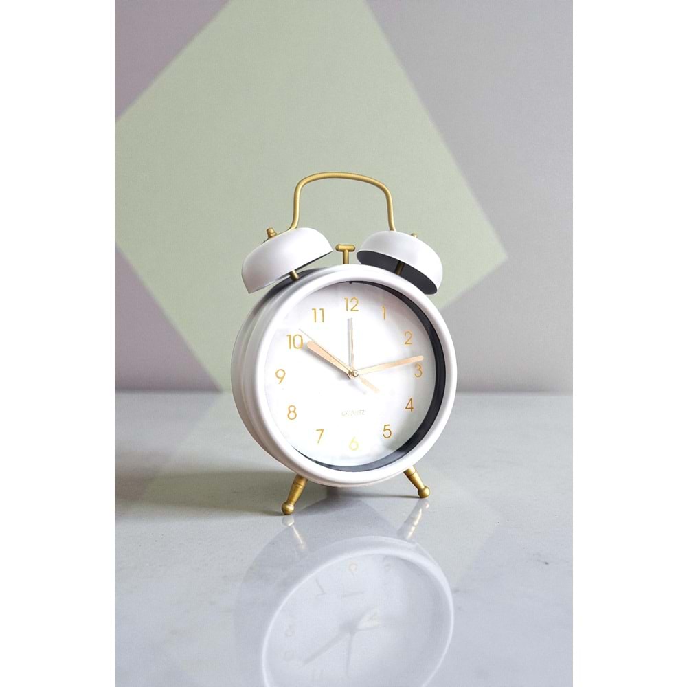 Metal Vintage Tasarım Beyaz Renk Masa Üstü Büyük Boy Alarmlı Çalar Saat