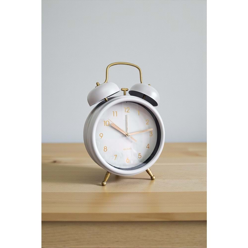 Metal Vintage Tasarım Beyaz Renk Masa Üstü Büyük Boy Alarmlı Çalar Saat