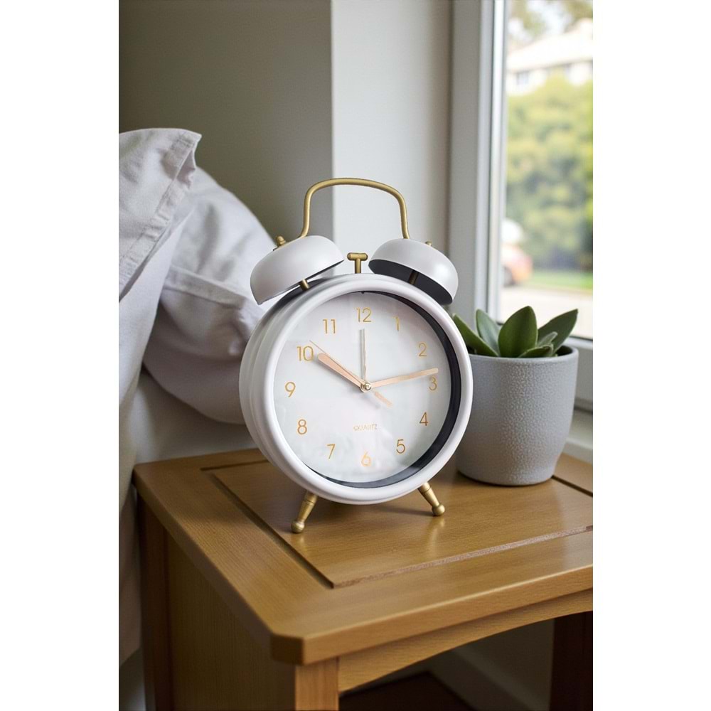 Metal Vintage Tasarım Beyaz Renk Masa Üstü Büyük Boy Alarmlı Çalar Saat