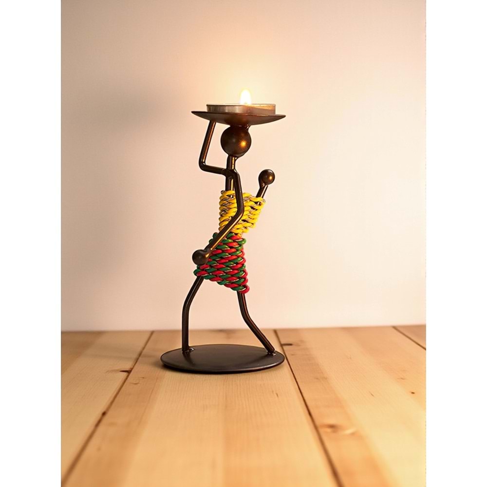 Retro Afrika Temalı Demir Mumluk / Şamdan Tutucu - Masaüstü Dekor (Yükseklik 13 cm)