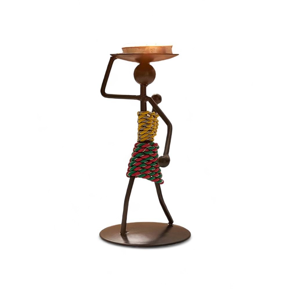 Retro Afrika Temalı Demir Mumluk / Şamdan Tutucu - Masaüstü Dekor (Yükseklik 13 cm)