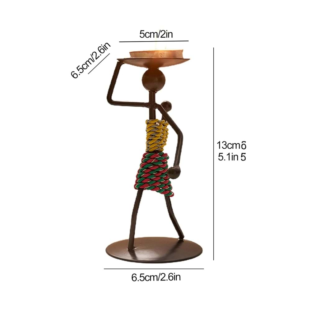 Retro Afrika Temalı Demir Mumluk / Şamdan Tutucu - Masaüstü Dekor (Yükseklik 13 cm)