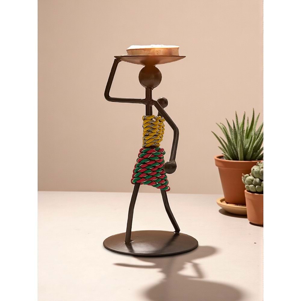 Retro Afrika Temalı Demir Mumluk / Şamdan Tutucu - Masaüstü Dekor (Yükseklik 13 cm)