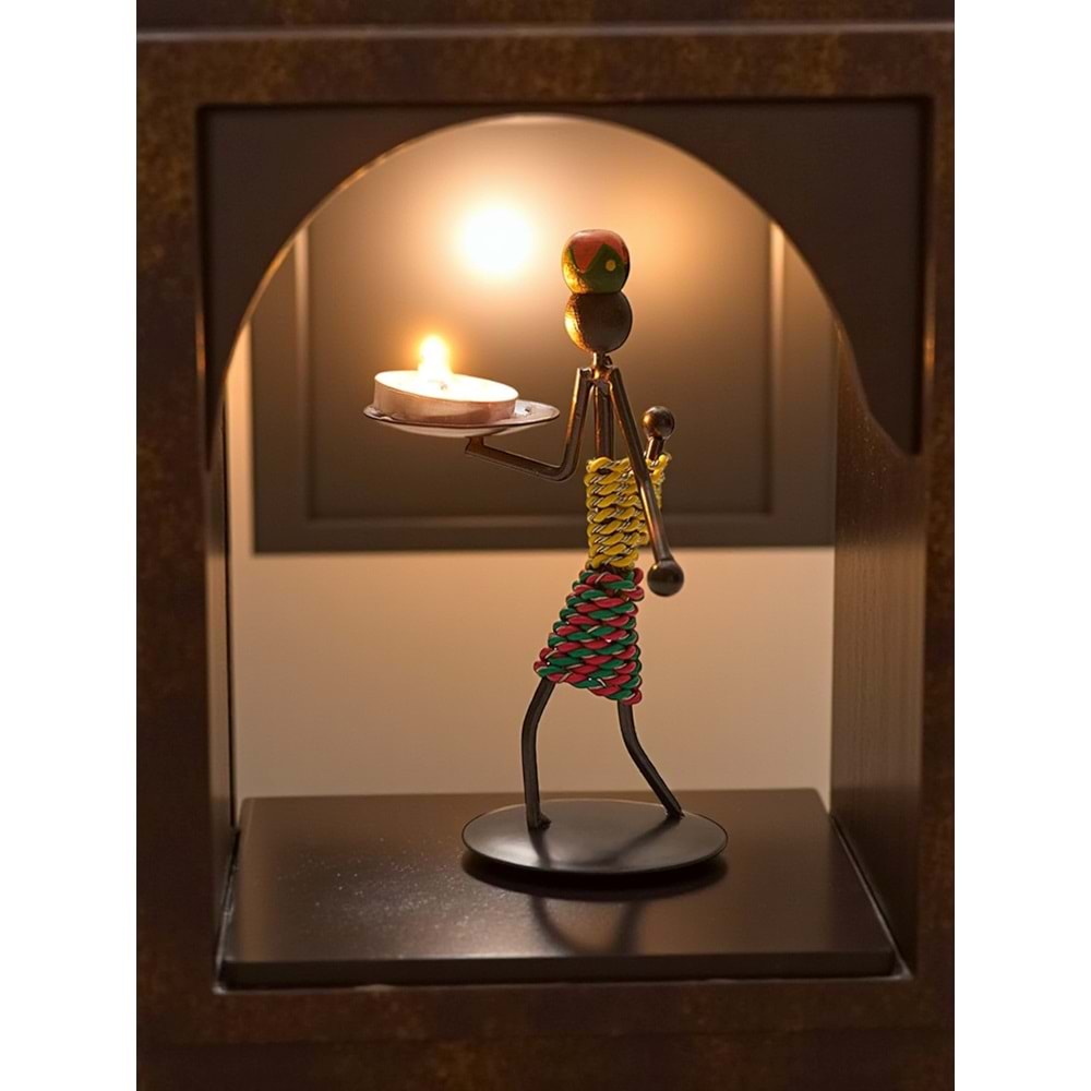 Retro Etnik Afrika Figürlü Demir Mumluk / Şamdan Tutucu - Masaüstü Dekor (Yükseklik 15 cm)