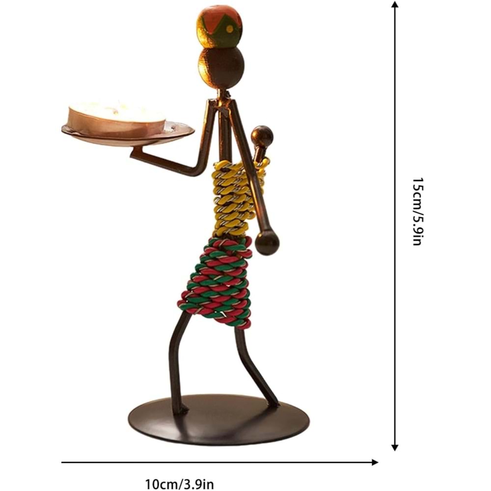 Retro Etnik Afrika Figürlü Demir Mumluk / Şamdan Tutucu - Masaüstü Dekor (Yükseklik 15 cm)