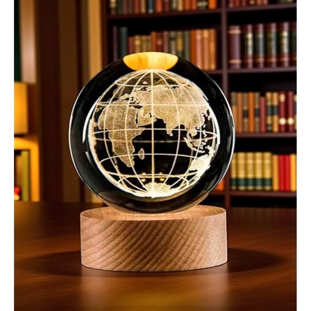 3D Dünya Haritası Cam Küre Lamba – USB'li Sarı Işık Masaüstü Dekoru (Çap 6 cm)