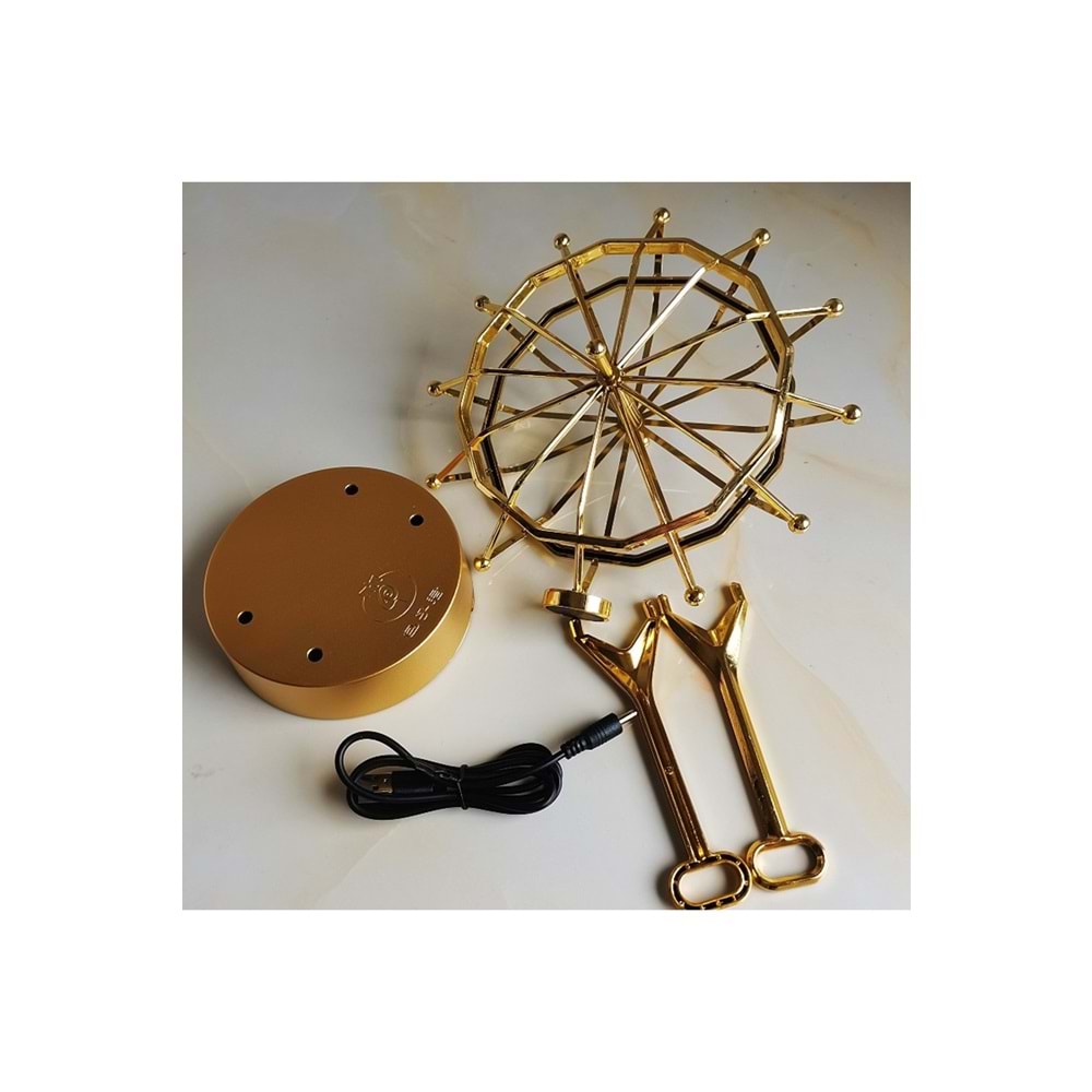 Altın Renk Dönme Dolap Dekoratif Aksesuar – USB Pilli Masaüstü Süs (24x20 cm)