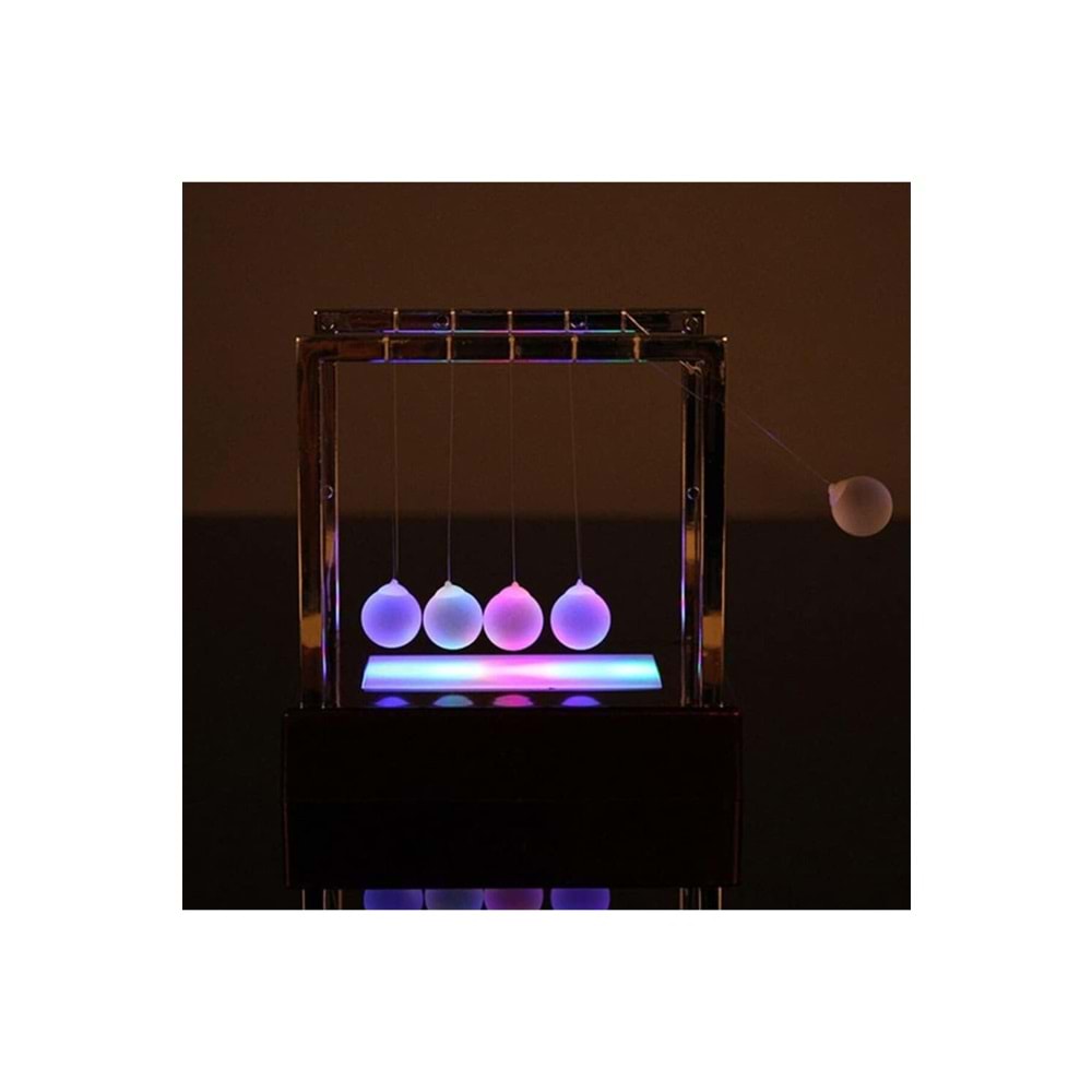 LED Işıklı Newton Beşiği – Renkli Şeffaf Denge Topları, Pilli Masaüstü Dekoratif Aksesuar