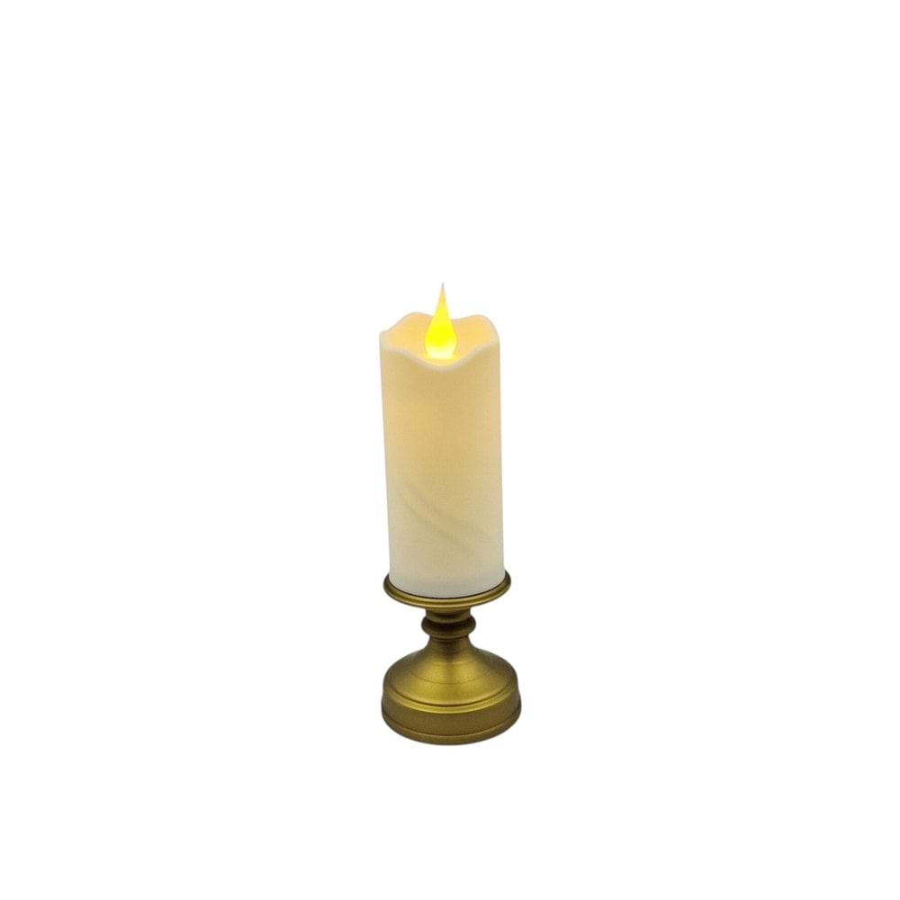 Dekoratif LED Mum – Altın Kaideli, Gerçek Alev Efektli, Pilli Işıklı Mum 20x6,5 cm