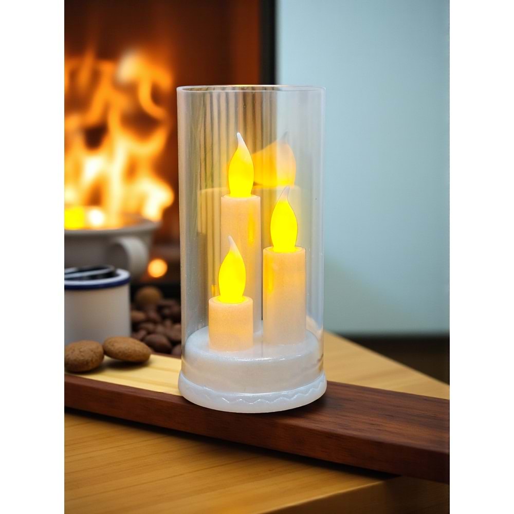 3 Mumlu Kandil Dumansız Pilli Dekoratif Mum 16 cm x 8,3 cm