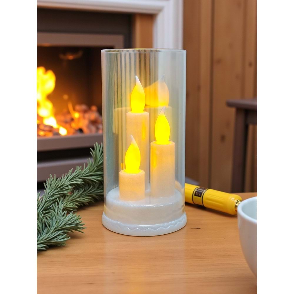 3 Mumlu Kandil Dumansız Pilli Dekoratif Mum 16 cm x 8,3 cm