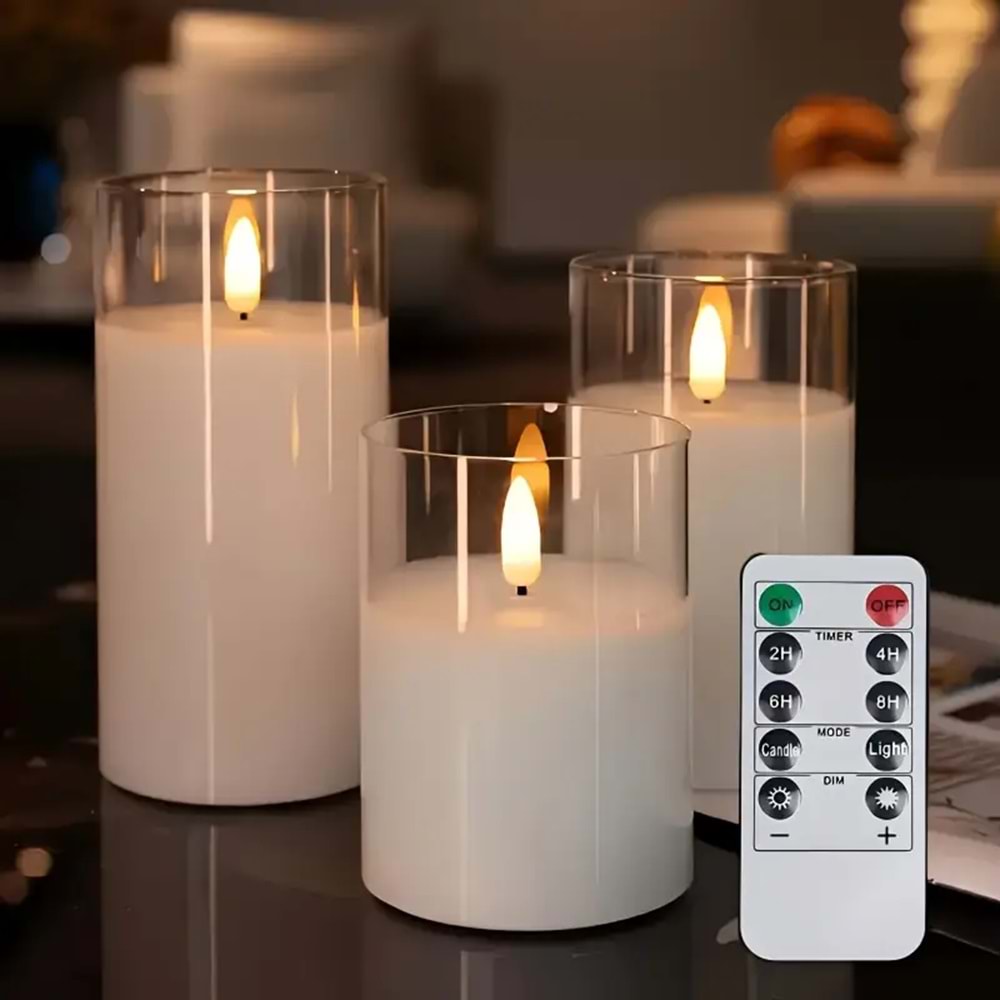 Kumandalı 3’lü Dekoratif LED Mum Seti – Akrilik Gövde, Pilli ve Uzaktan Kontrollü