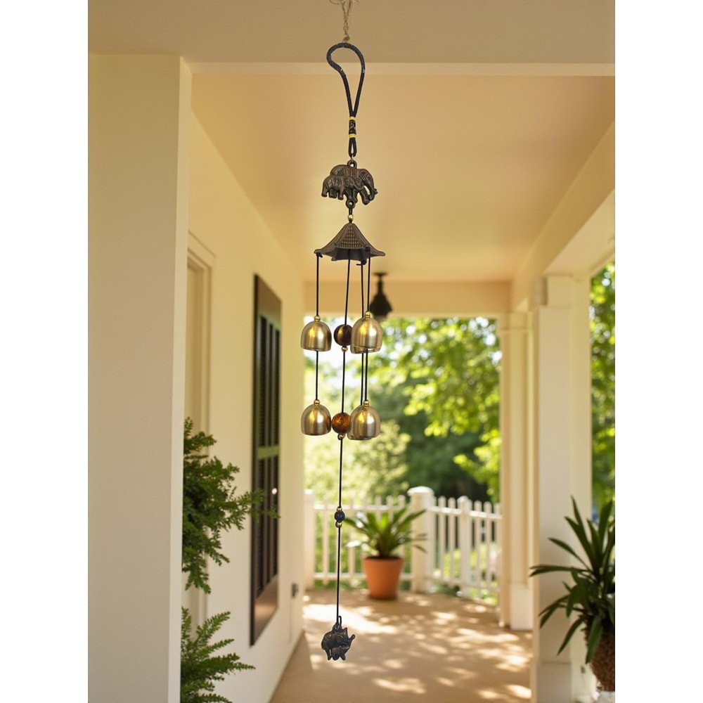 Güç ve Şans Getiren Fil Tasarımlı Feng Shui Rüzgar Çanı (6 Çanlı, 56 cm)