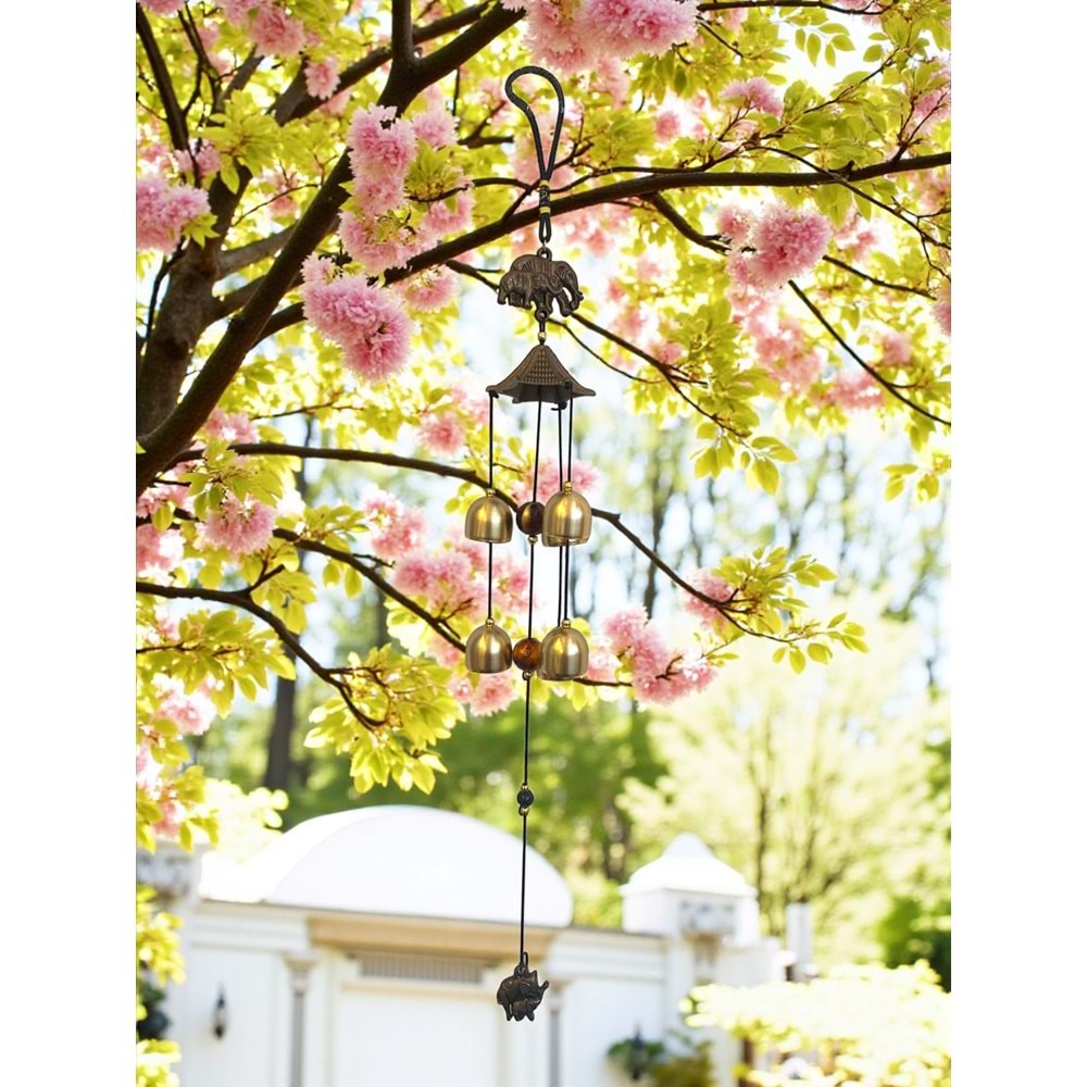 Güç ve Şans Getiren Fil Tasarımlı Feng Shui Rüzgar Çanı (6 Çanlı, 56 cm)