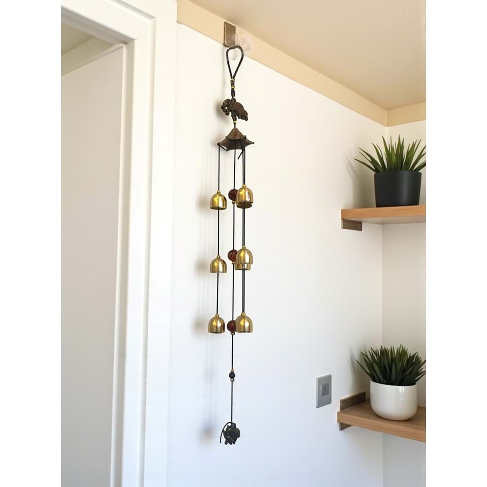 Güç ve Bolluk Getiren Fil Tasarımlı Feng Shui Rüzgar Çanı (9 Çanlı, 67 cm)