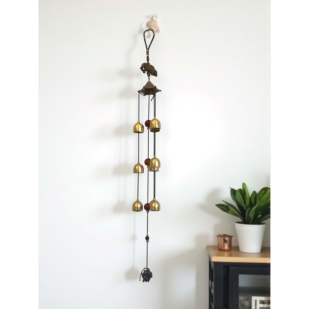 Güç ve Bolluk Getiren Fil Tasarımlı Feng Shui Rüzgar Çanı (9 Çanlı, 67 cm)