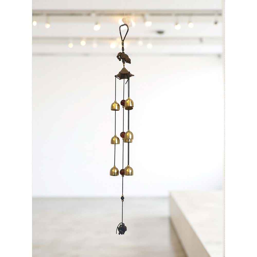 Güç ve Bolluk Getiren Fil Tasarımlı Feng Shui Rüzgar Çanı (9 Çanlı, 67 cm)