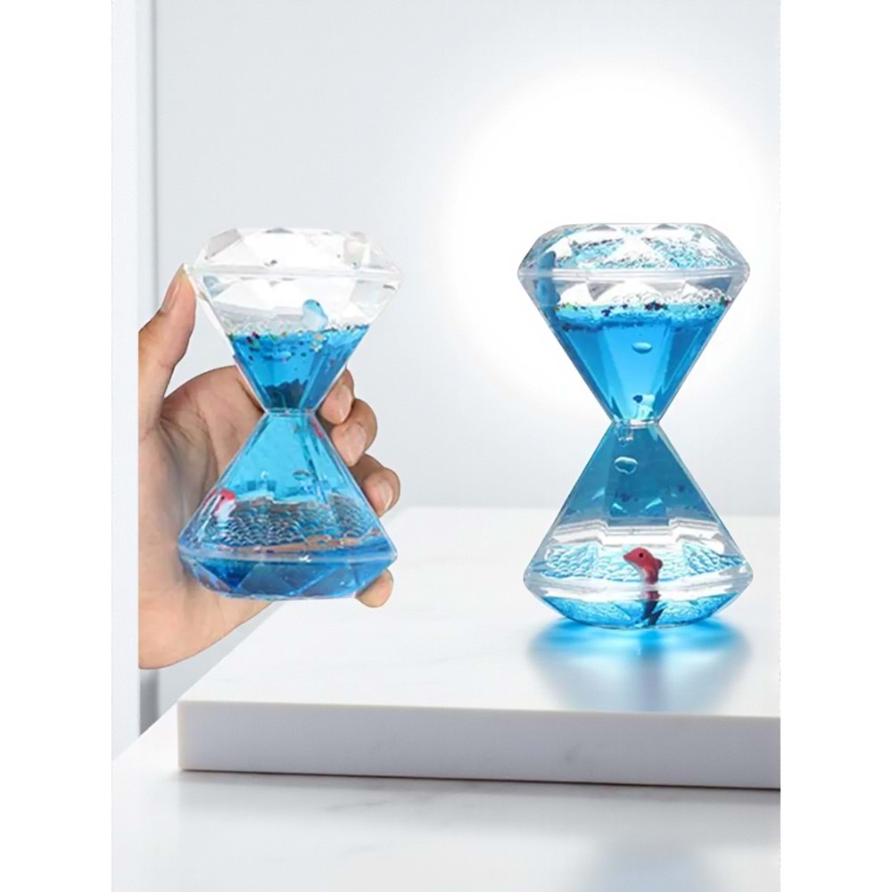 Mistik Mavi Elmas Sulu Kum Saati – Deniz Canlıları ve Kabarcık Efekti (14 cm)