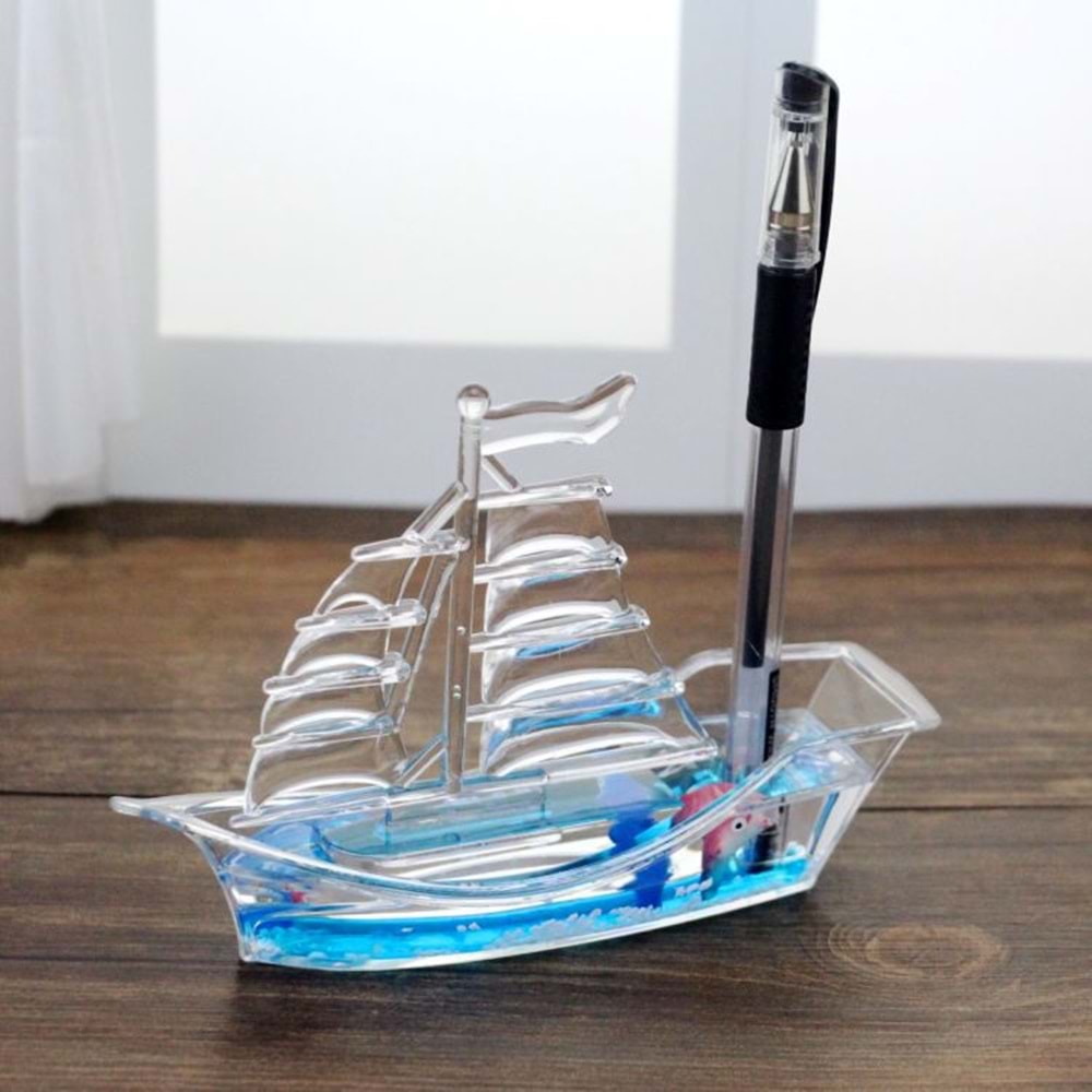 Mistik Deniz Temalı Gemi Sulu Kalemlik – Dekoratif Masaüstü Biblo (14.5 cm)