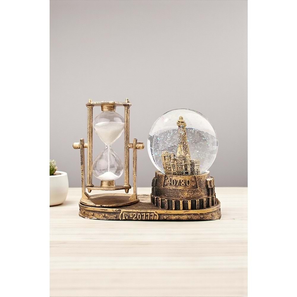 Paris Eyfel Temalı Işıklı Kum Saati ve Kar Küresi Seti – Retro Dekoratif Masaüstü Biblo (16 cm)