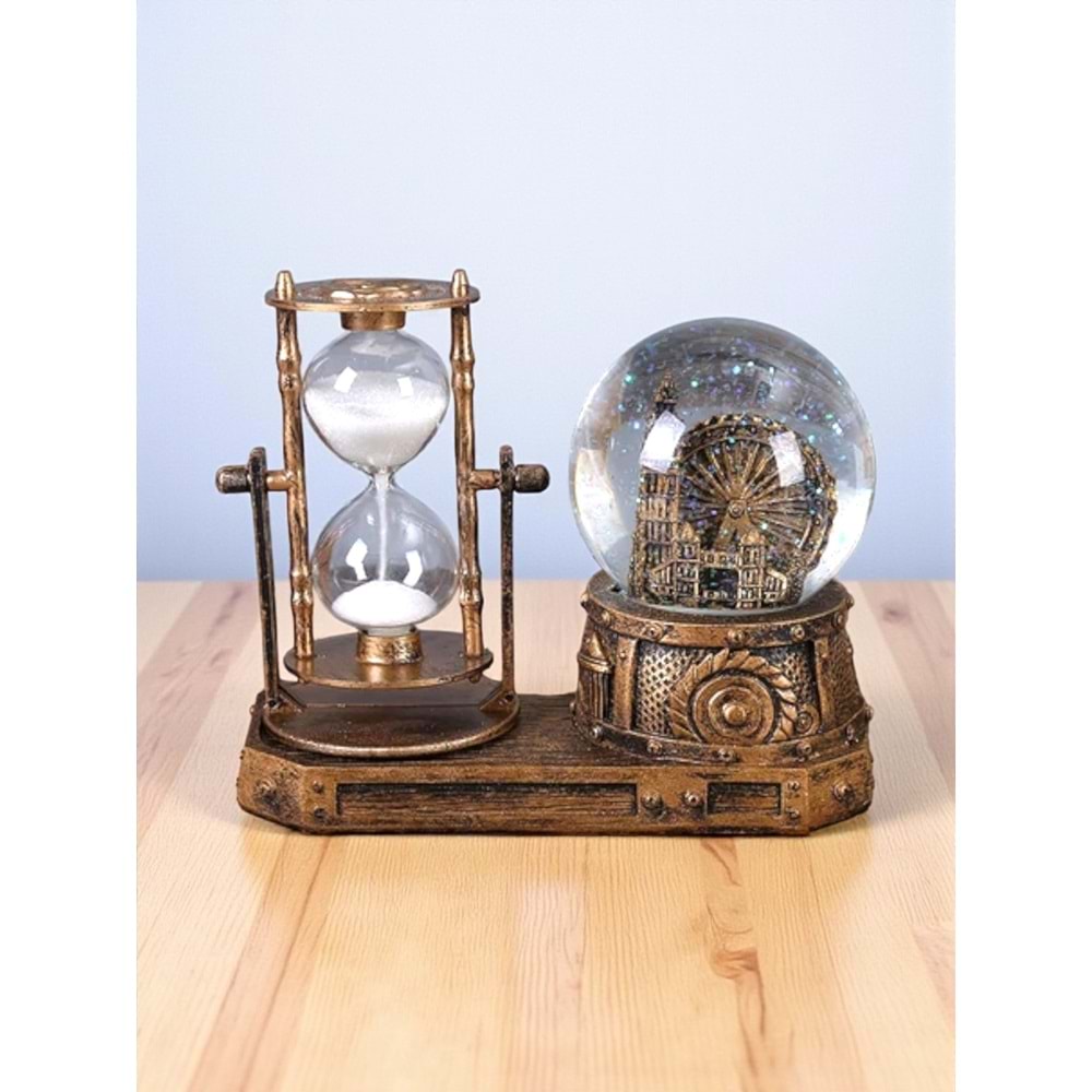 Big Ben Temalı Işıklı Kum Saati ve Kar Küresi Seti – Retro İngiliz Dekoratif Biblo