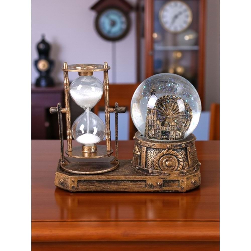 Big Ben Temalı Işıklı Kum Saati ve Kar Küresi Seti – Retro İngiliz Dekoratif Biblo