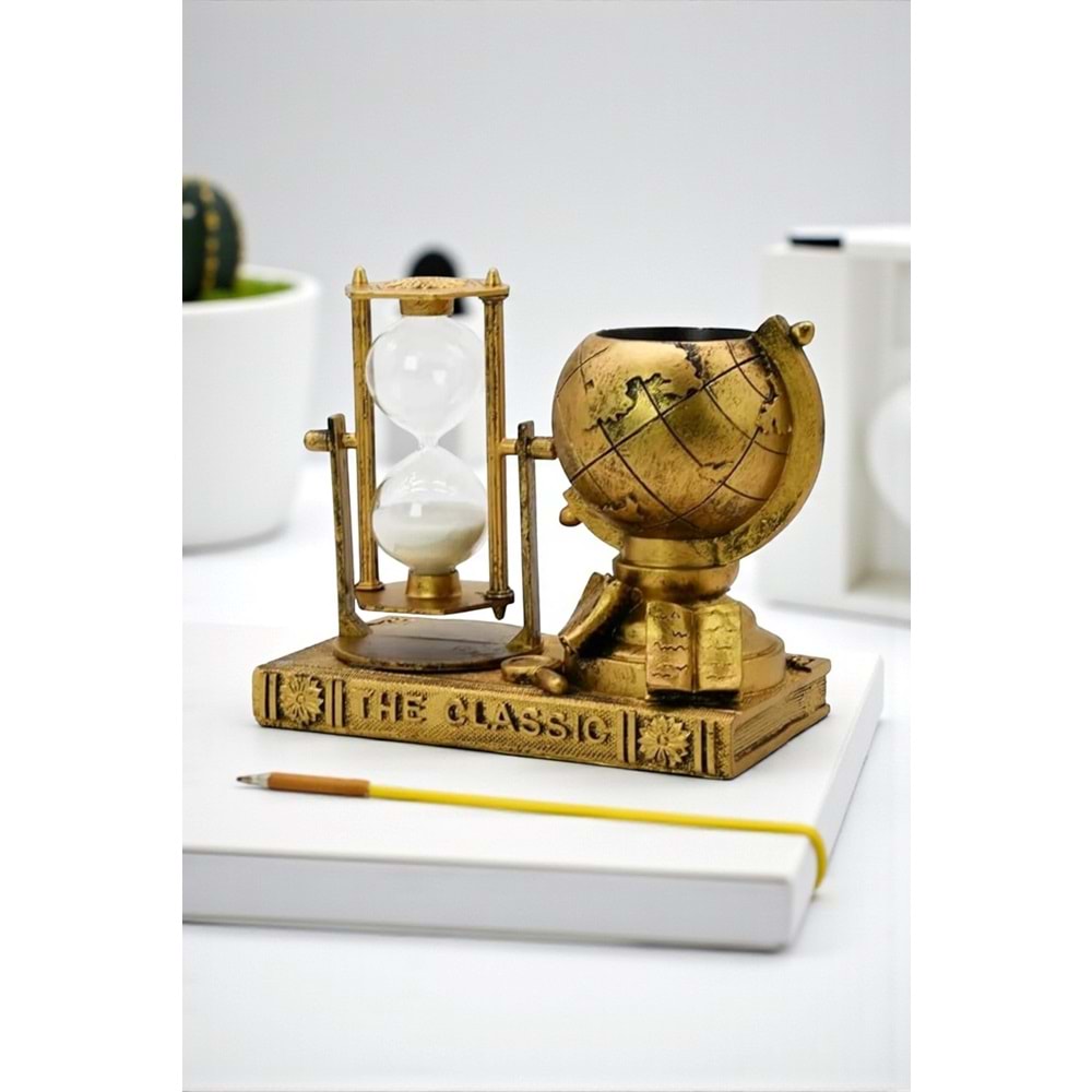 3'ü 1 Arada Retro Dünya Küresi – Kum Saati, Kalemlik ve Sukulent Saksı Fonksiyonlu Masa Dekoru