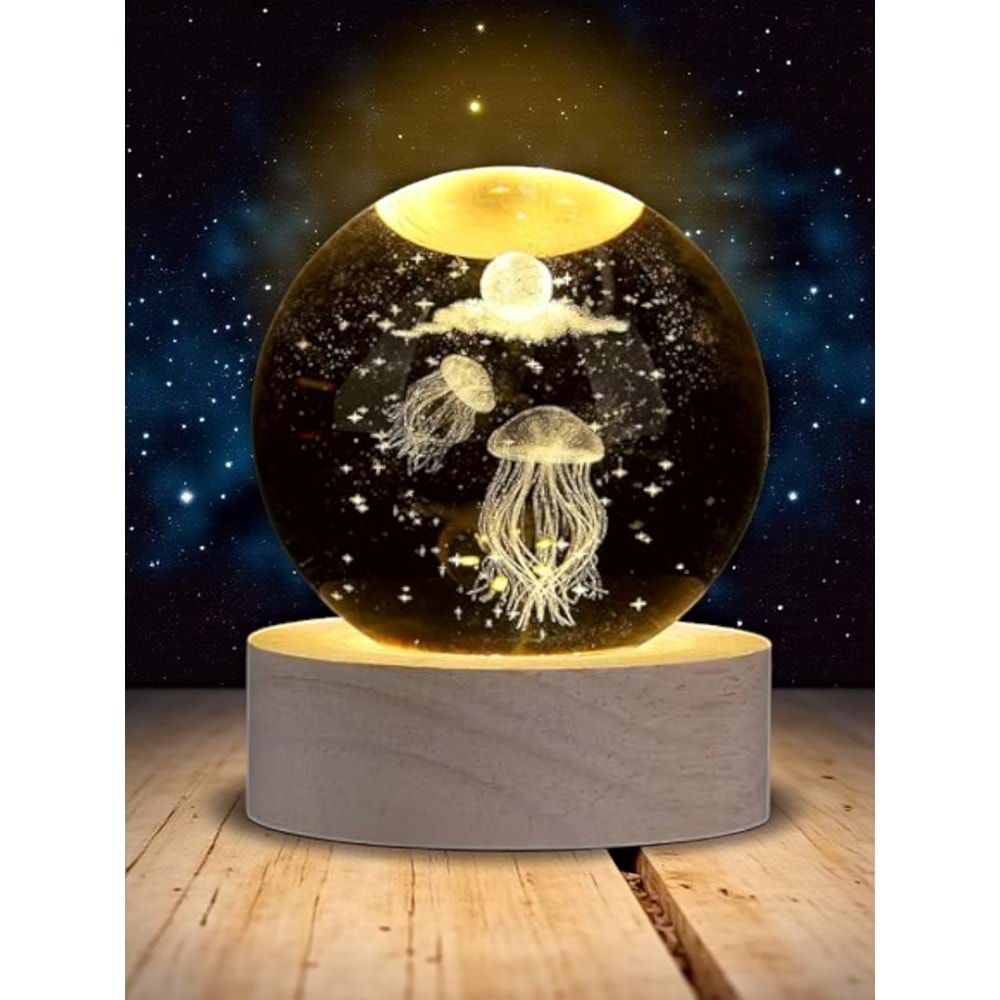Mistik Deniz Anası Temalı Cam Küre Lamba – USB'li Sarı Işık Masa Dekoru (Çap 6 cm)