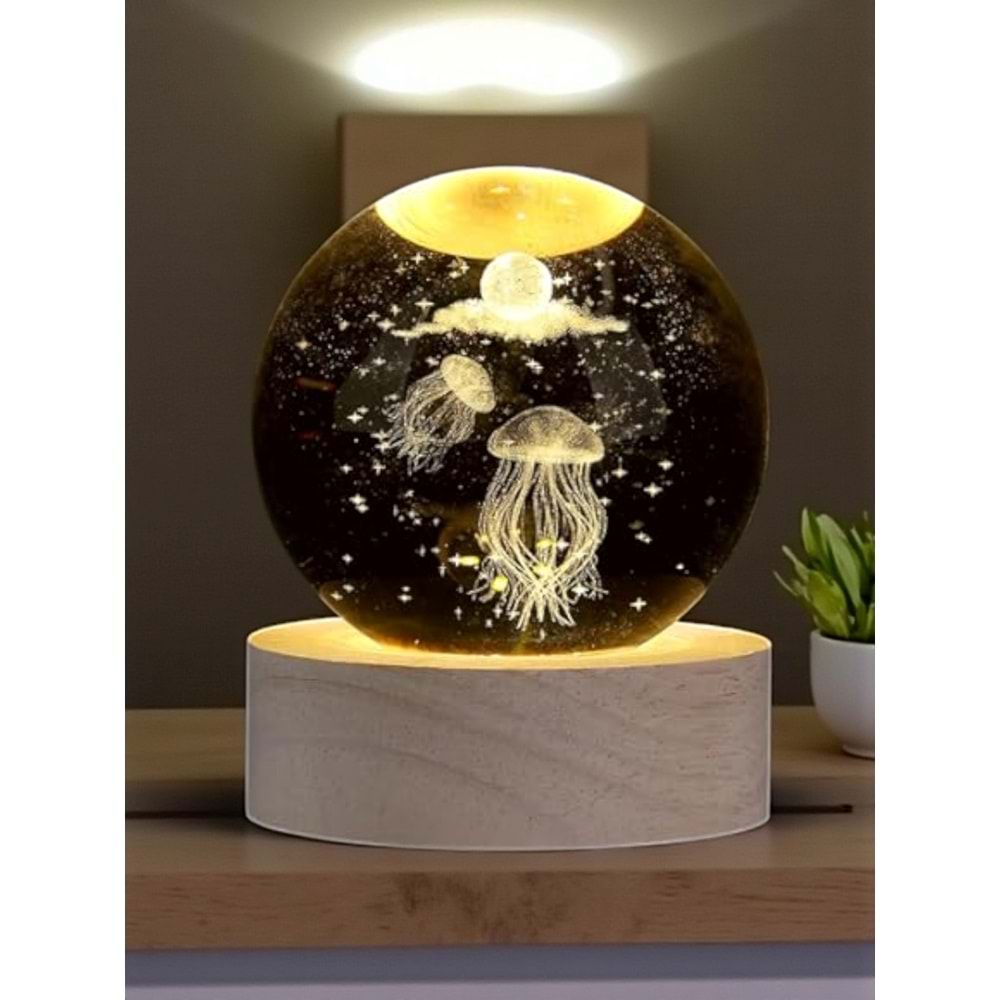 Mistik Deniz Anası Temalı Cam Küre Lamba – USB'li Sarı Işık Masa Dekoru (Çap 6 cm)