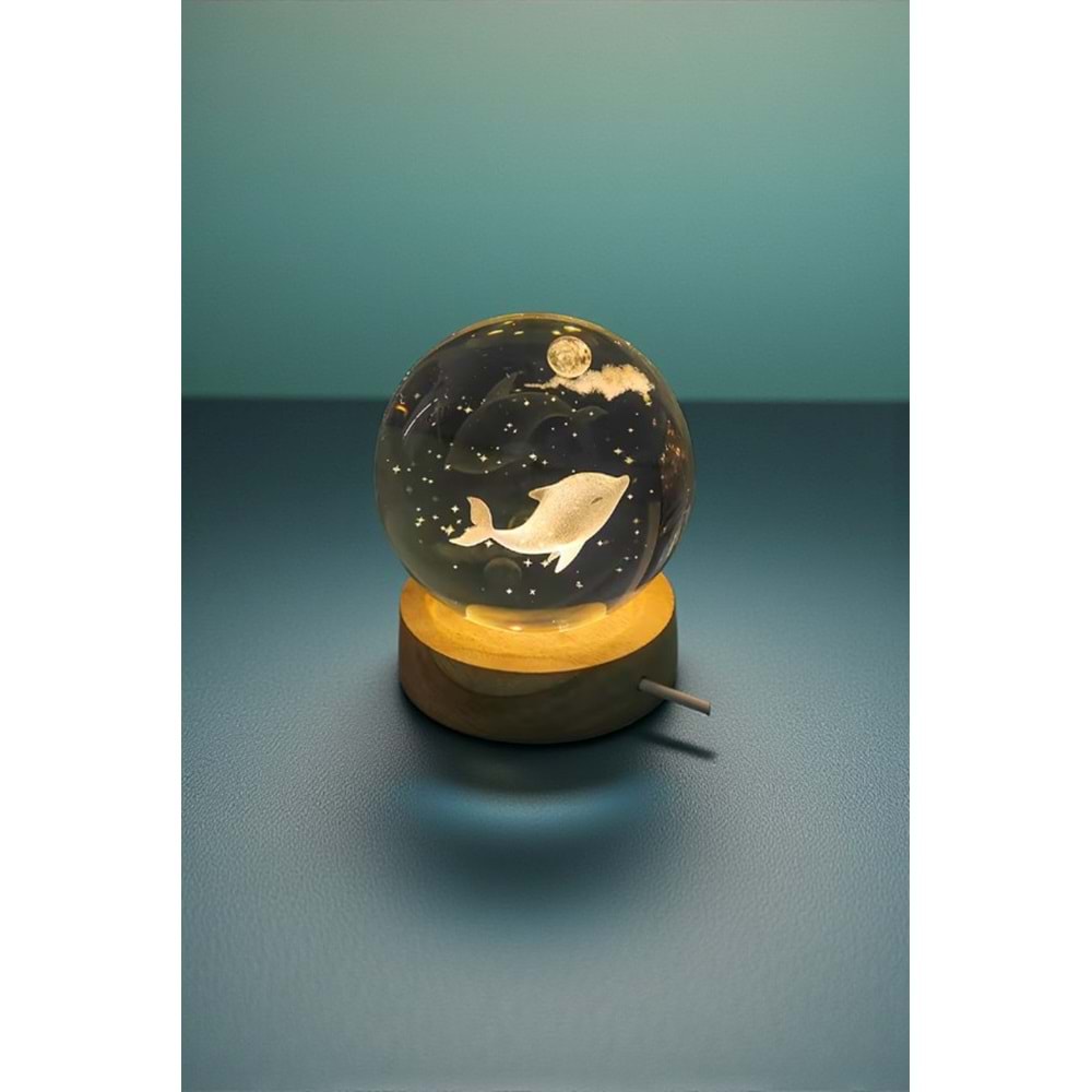 Dekoratif Işıklı Ahşap Kaideli Sevimli Yunus Balığı 3D Cam Küre Night Light – 6 cm USB’li