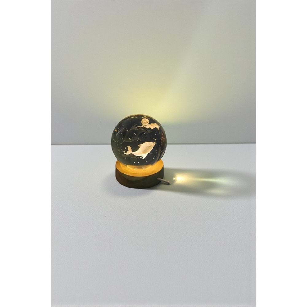 Dekoratif Işıklı Ahşap Kaideli Sevimli Yunus Balığı 3D Cam Küre Night Light – 6 cm USB’li