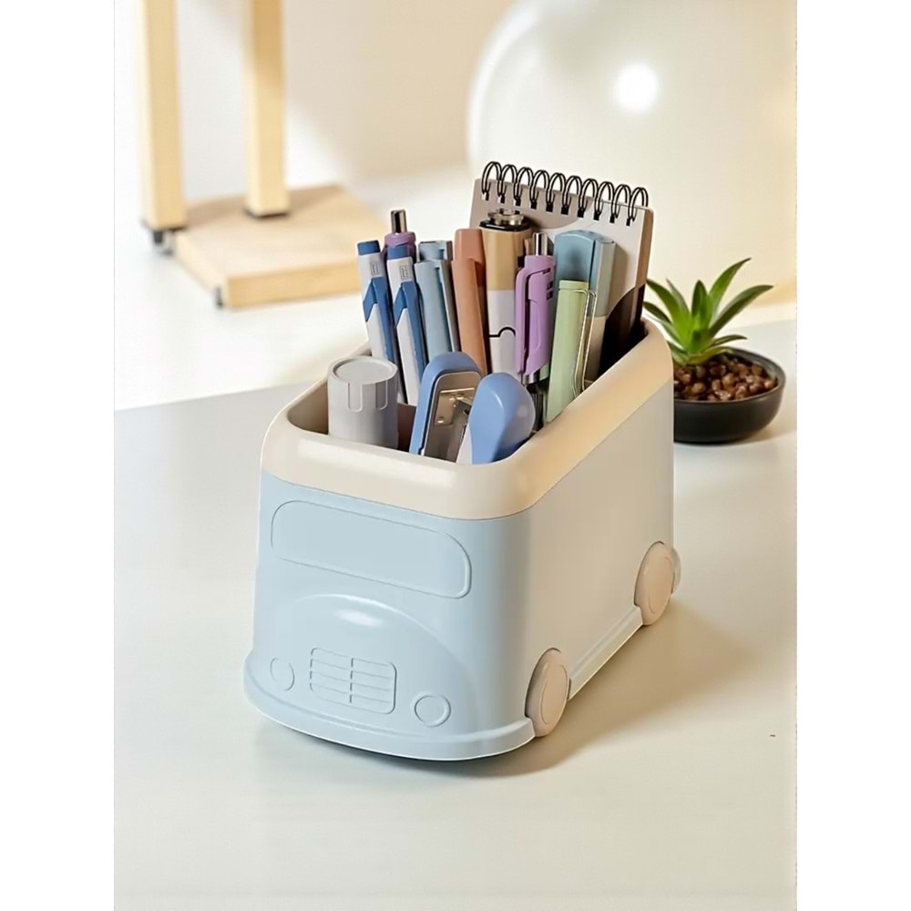 Retro Otobüs Kalemlik ve Masaüstü Organizer - Pastel Mavi (19x12x11 cm)