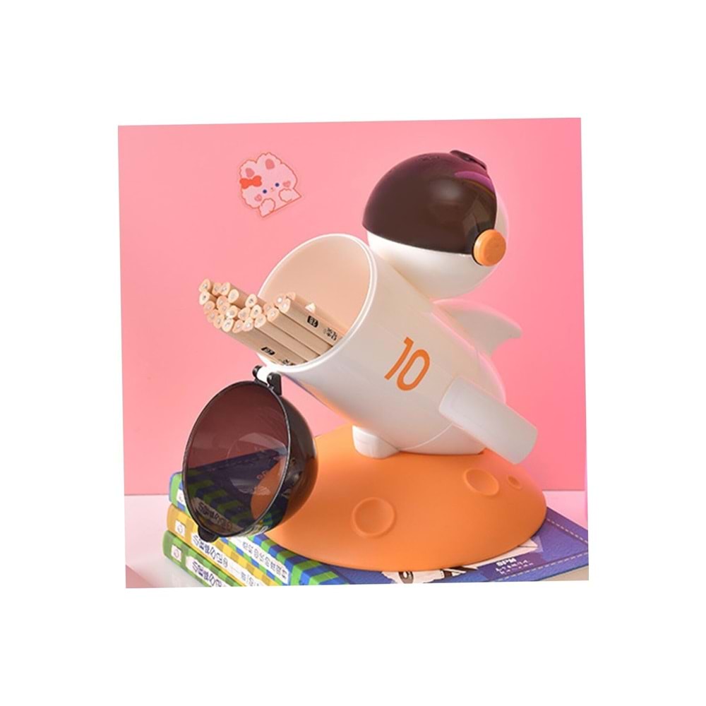 Sevimli Roket Kalemlik Turuncu | 20x16x16 cm Plastik Masaüstü Düzenleyici