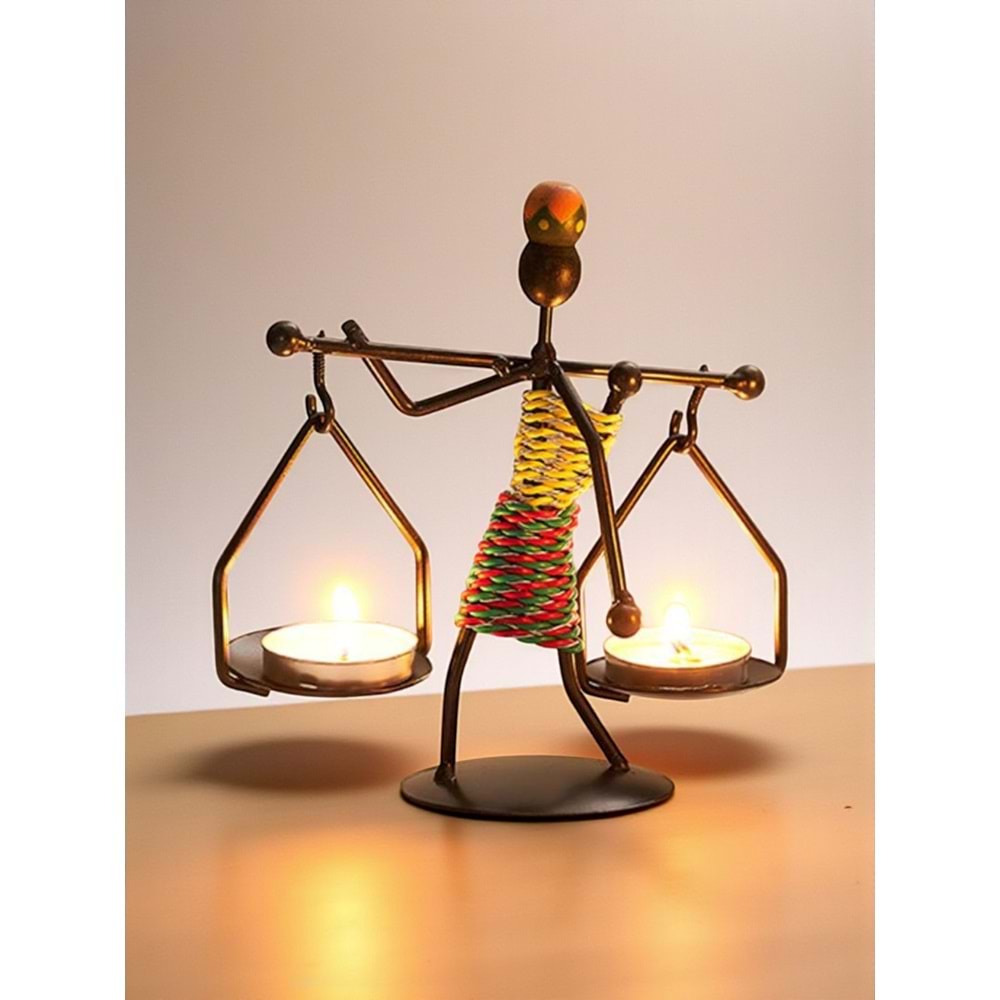 Retro Afrika Temalı Denge Mumluk / Çift Şamdan Tutucu - Masa Dekoru (Yükseklik 14.5 cm)