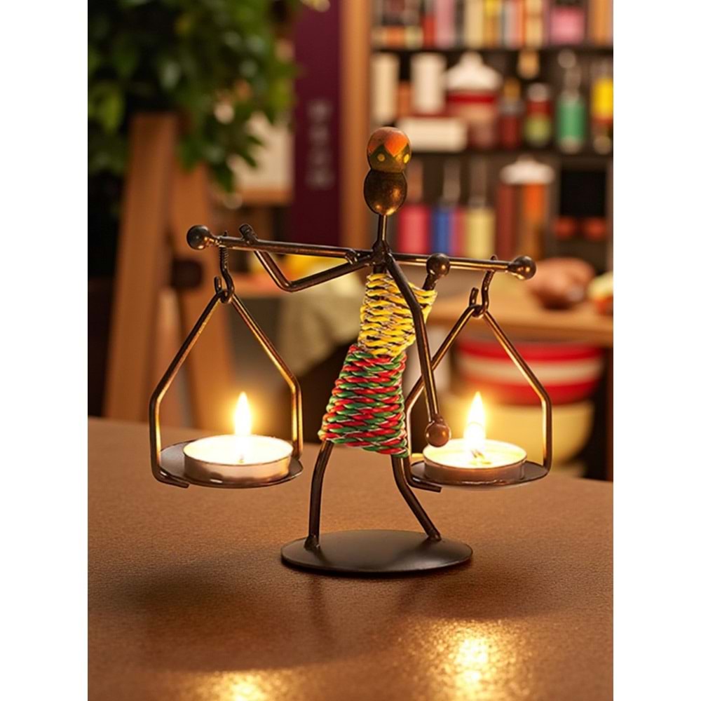 Retro Afrika Temalı Denge Mumluk / Çift Şamdan Tutucu - Masa Dekoru (Yükseklik 14.5 cm)