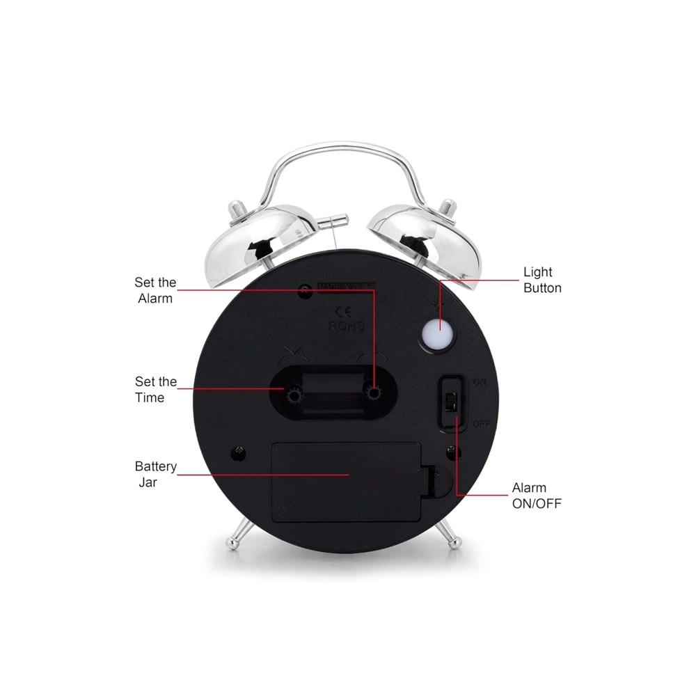 Metal Vintage Işıklı Masa Üstü Çalar Saat – Büyük Boy, Çift Çanlı, Sessiz Akar Saniyeli, 17x12 cm