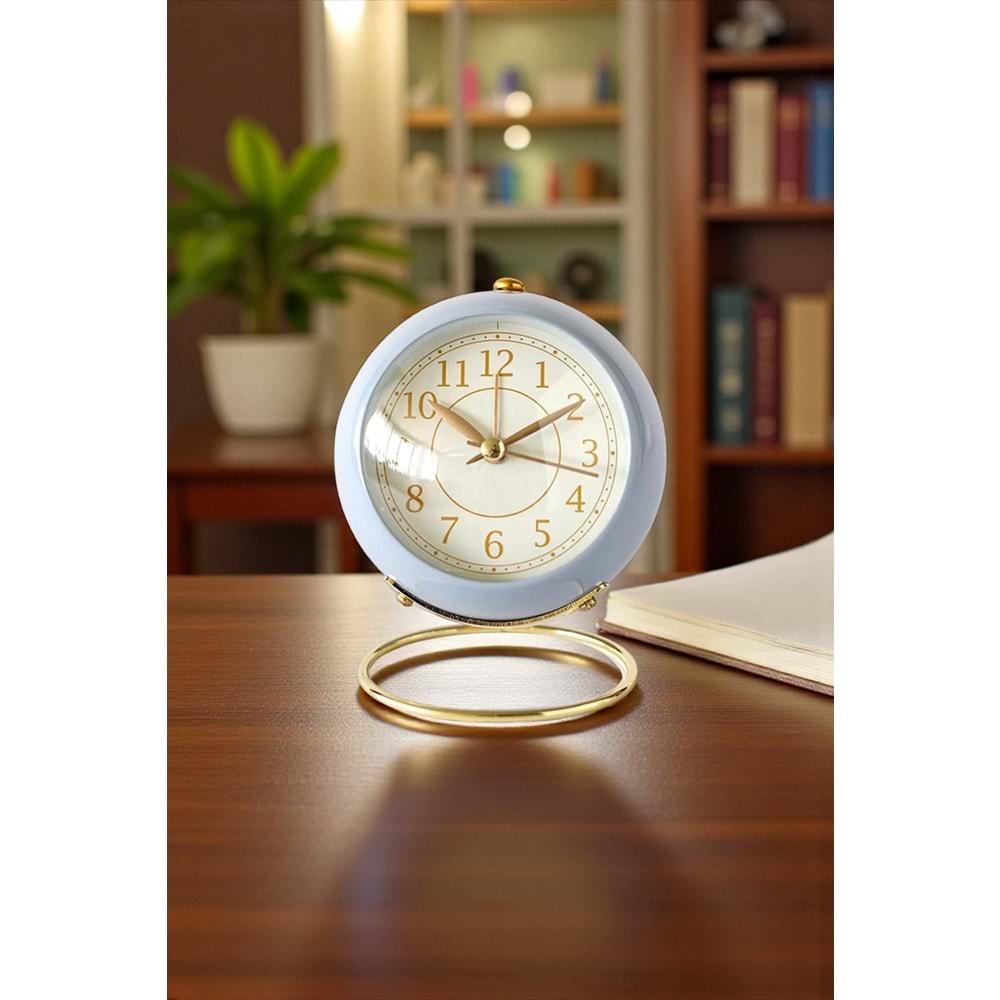 Yuvarlak Şık Tasarımlı Masa Saati Alarmlı Çalar Saat-Mavi