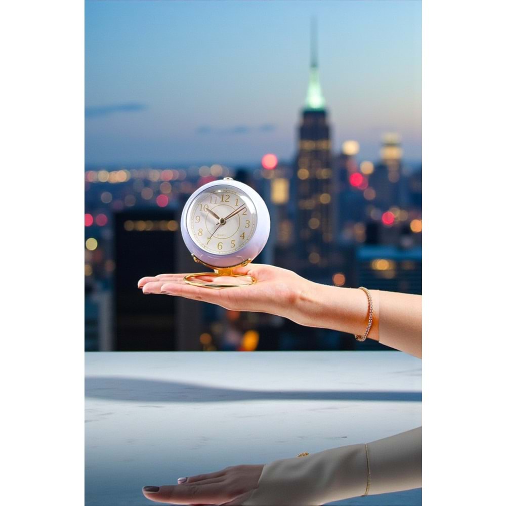 Yuvarlak Şık Tasarımlı Masa Saati Alarmlı Çalar Saat-Mavi