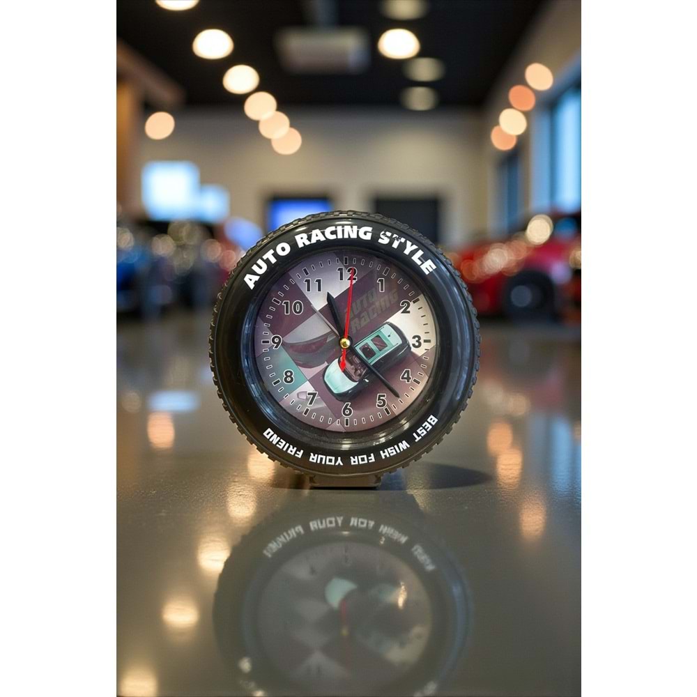 Araba Tekerleği Tasarımlı Alarm Özellikli Masa Saati – 14x14x4 cm