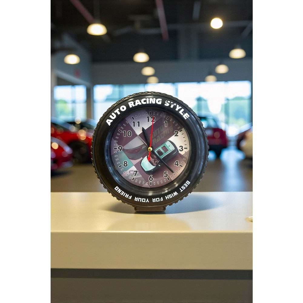 Araba Tekerleği Tasarımlı Alarm Özellikli Masa Saati – 14x14x4 cm