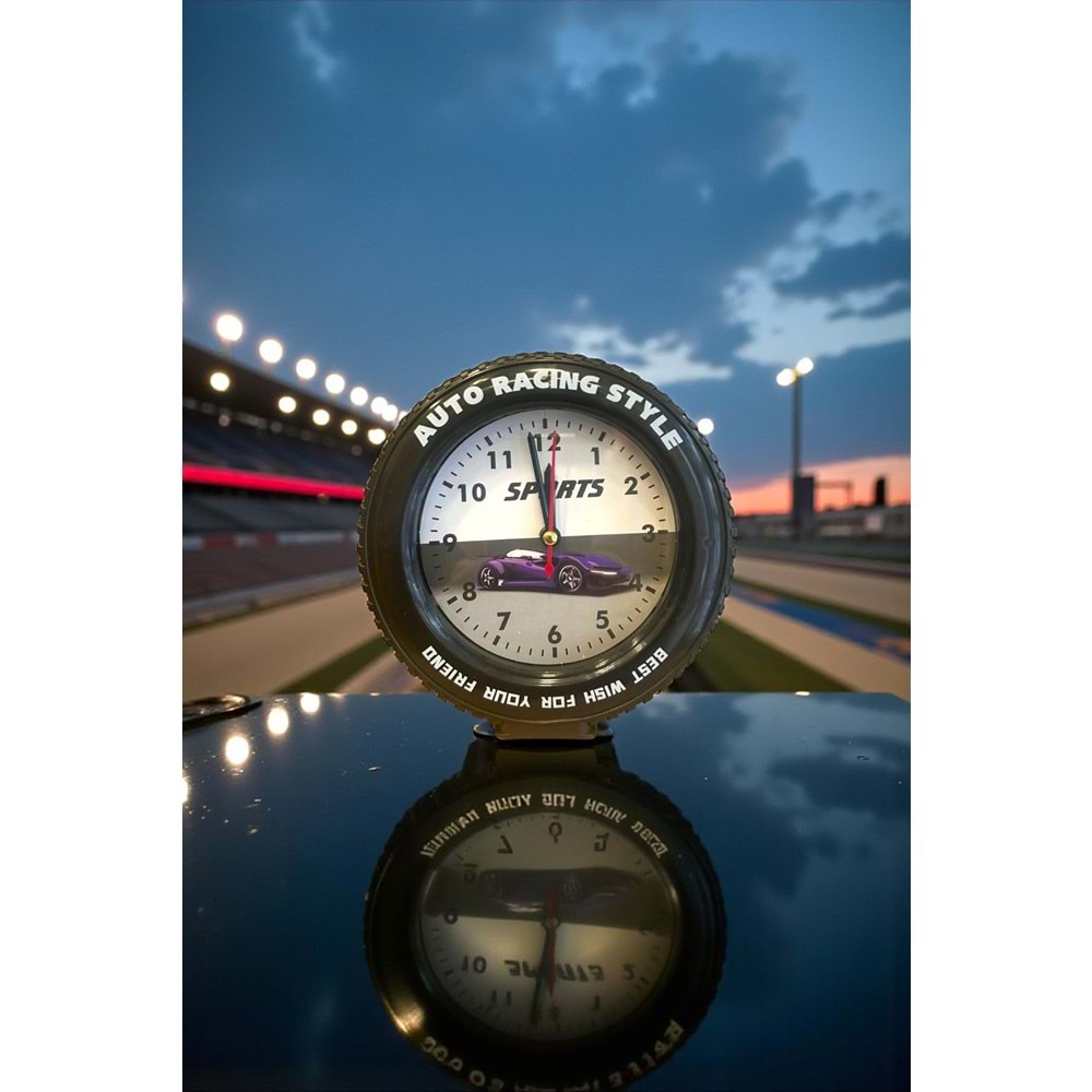 Araba Tekerleği Tasarımlı Alarm Özellikli Masa Saati – 14x14x4 cm