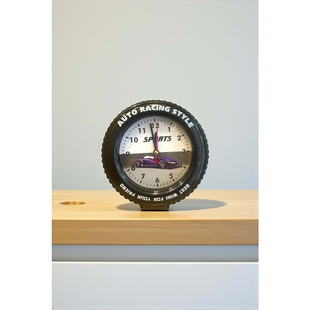 Araba Tekerleği Tasarımlı Alarm Özellikli Masa Saati – 14x14x4 cm