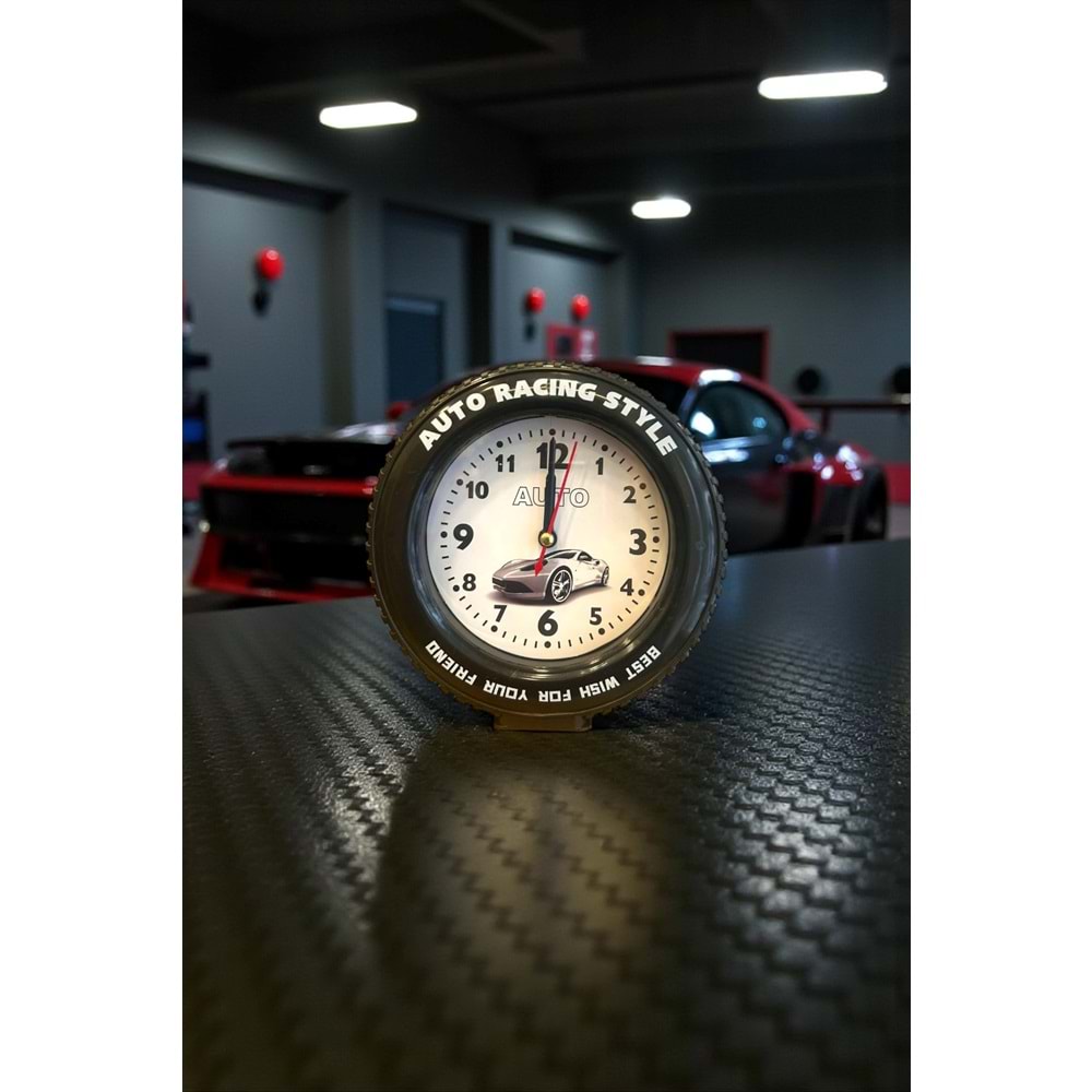 Araba Tekerleği Tasarımlı Alarm Özellikli Masa Saati – 14x14x4 cm