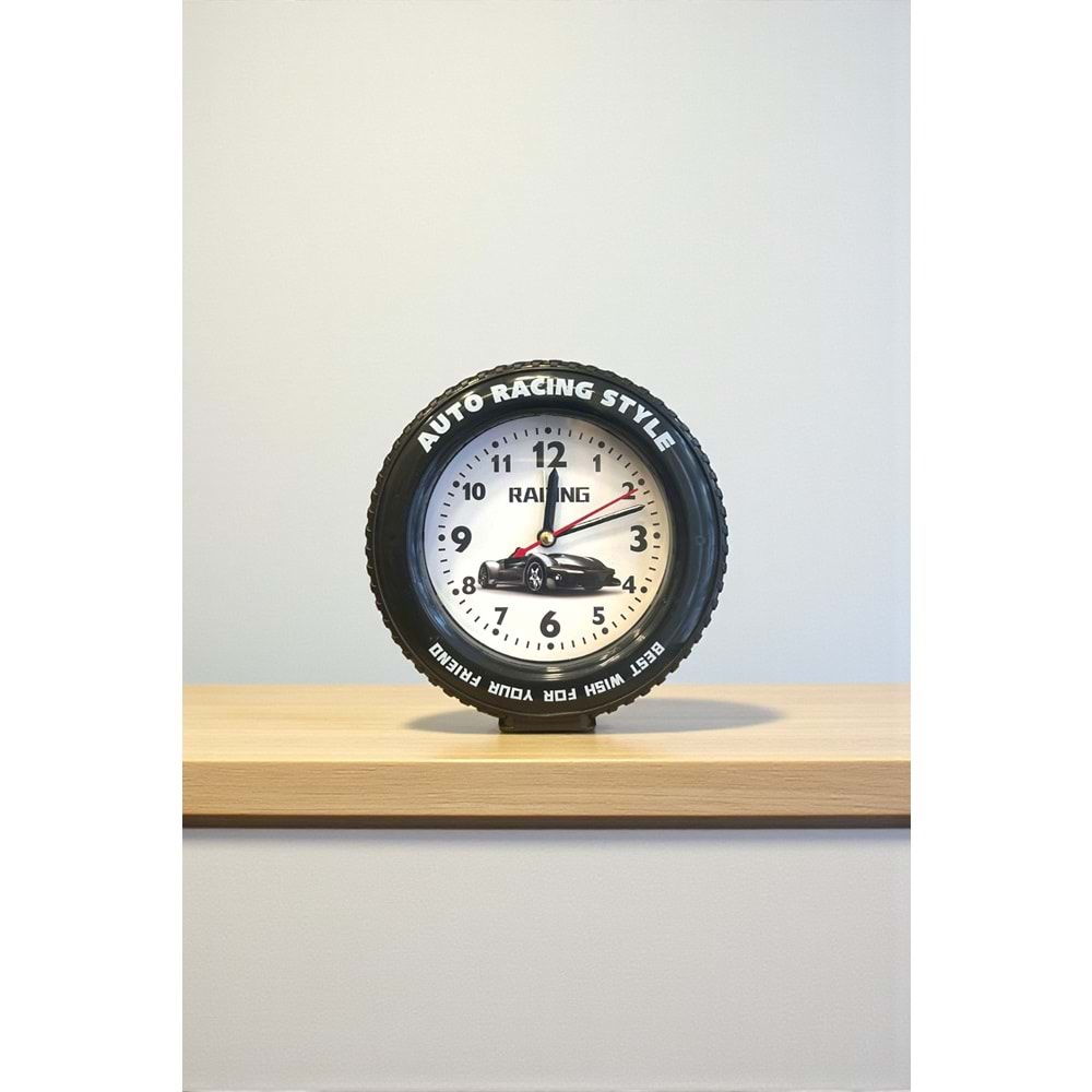 Araba Tekerleği Tasarımlı Alarm Özellikli Masa Saati – 14x14x4 cm