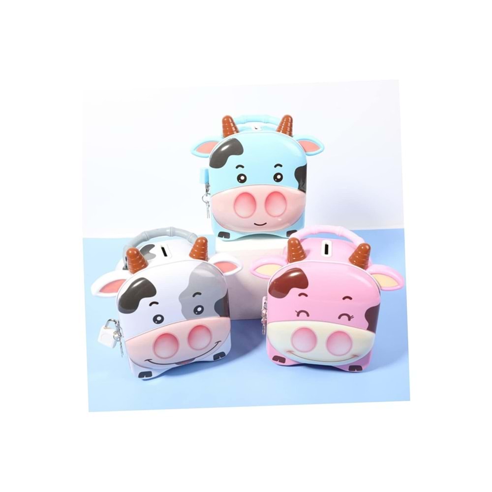 Sevimli İnek Tasarımlı Kilitli Metal Kumbara – 14x10x14 cm, Renkli, Çocuklar İçin