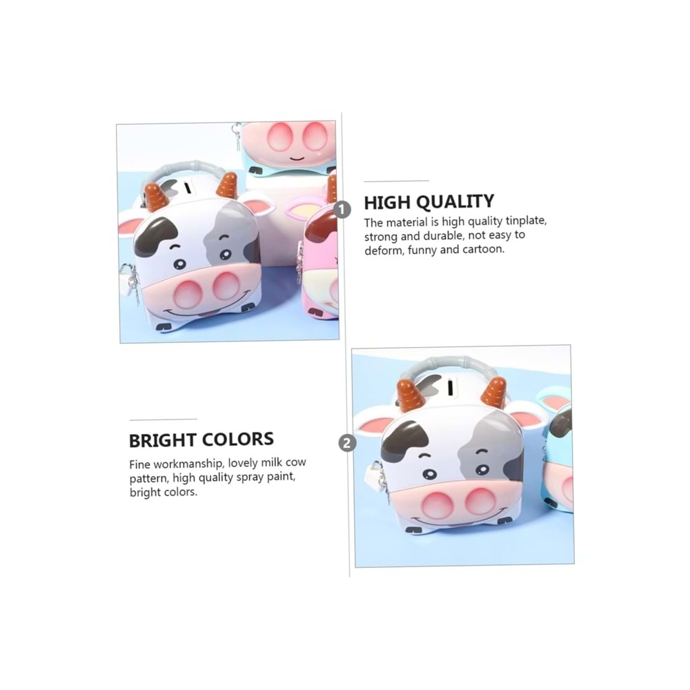 Sevimli İnek Tasarımlı Kilitli Metal Kumbara – 14x10x14 cm, Renkli, Çocuklar İçin