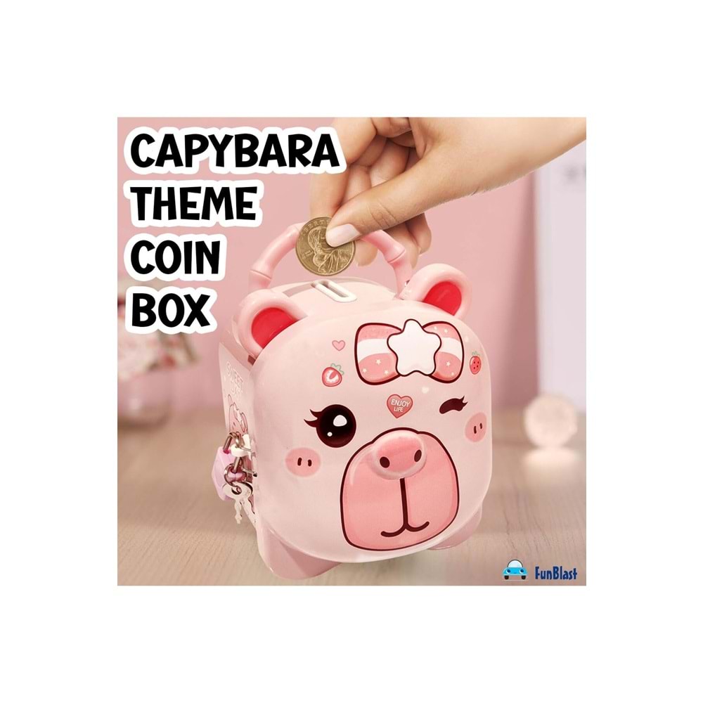 Sevimli Capybara Tasarımlı Kilitli Metal Kumbara – 10.5x13x9.5 cm,Renkli