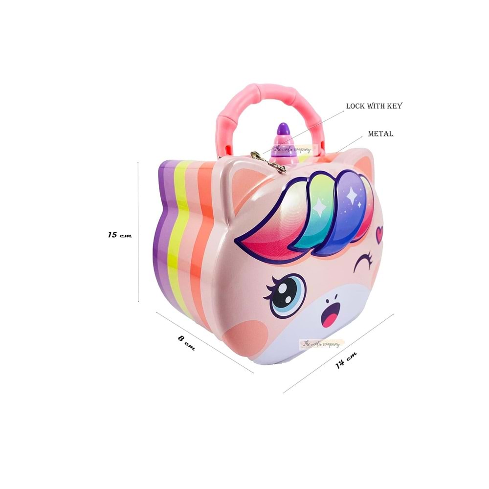 Sevimli Tek Boynuzlu At Tasarımlı Kilitli Metal Kumbara – 13.5x10.5 cm, Renkli, Dayanıkl