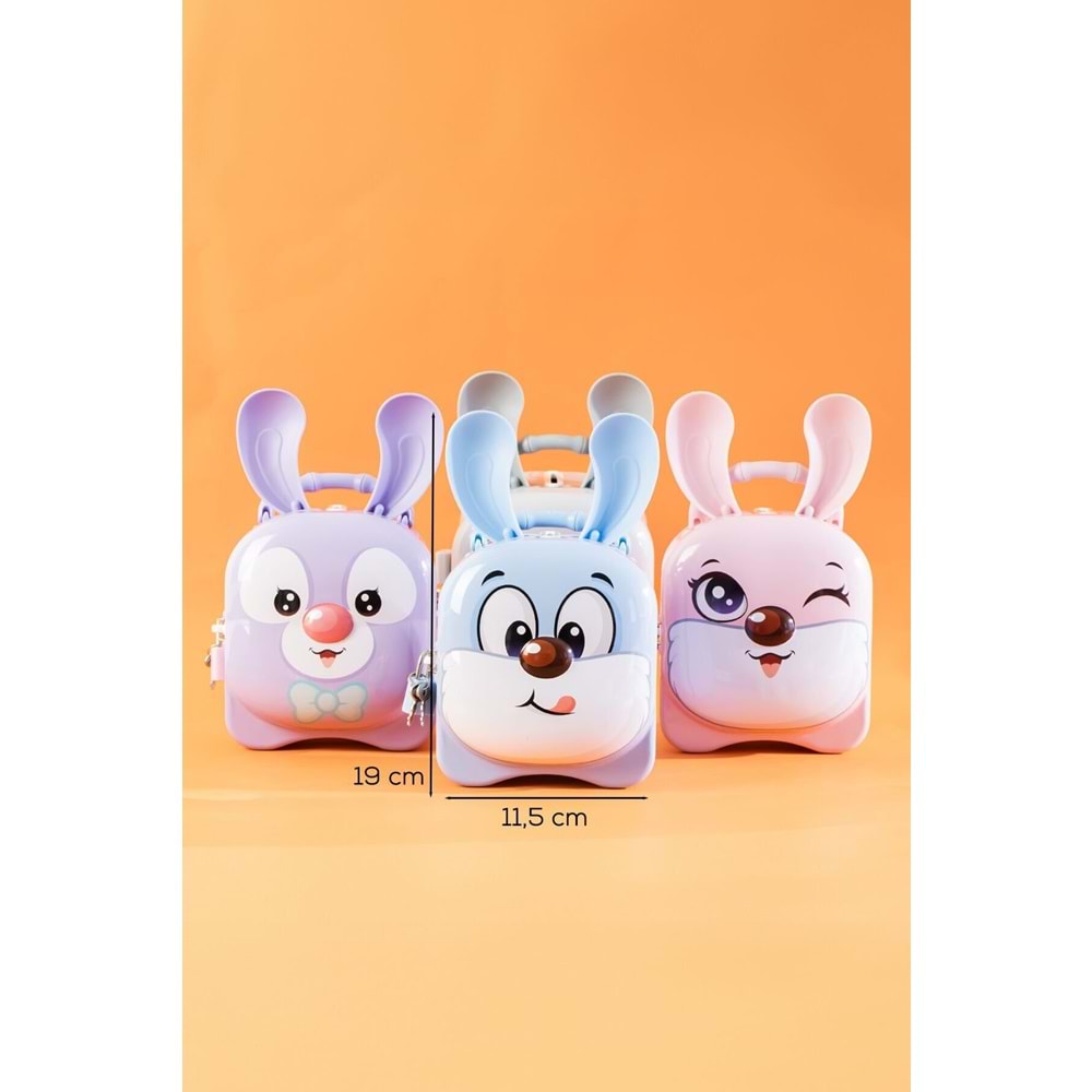 Sevimli Yumuşak Kulaklı Tavşan Tasarımlı Kilitli Metal Kumbara – 15x15x7 cm, Renkli, Dayanıklı